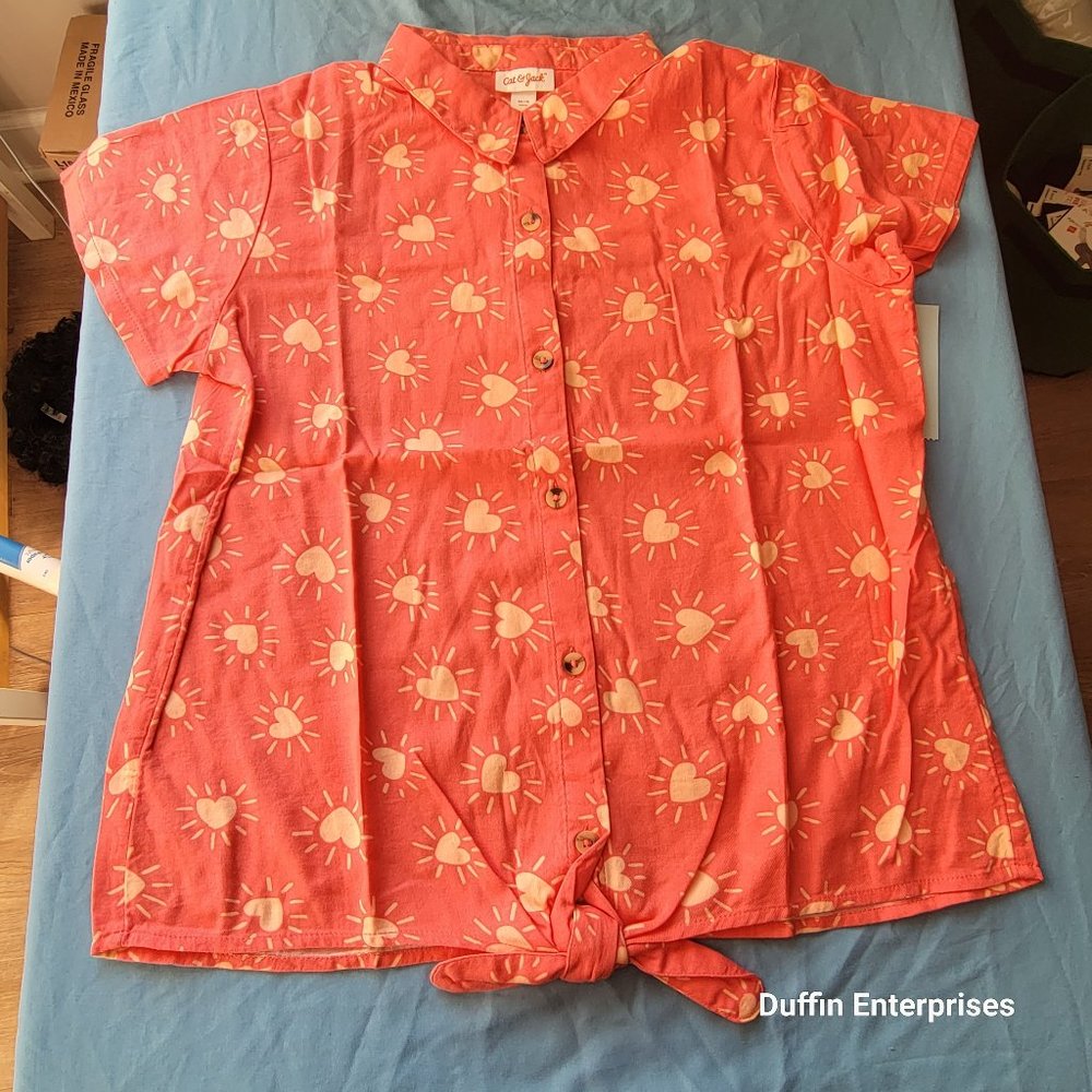 Brand New Cat & Jack Girls Pink Button Down Tie Front Heart Shirt XXL(18)